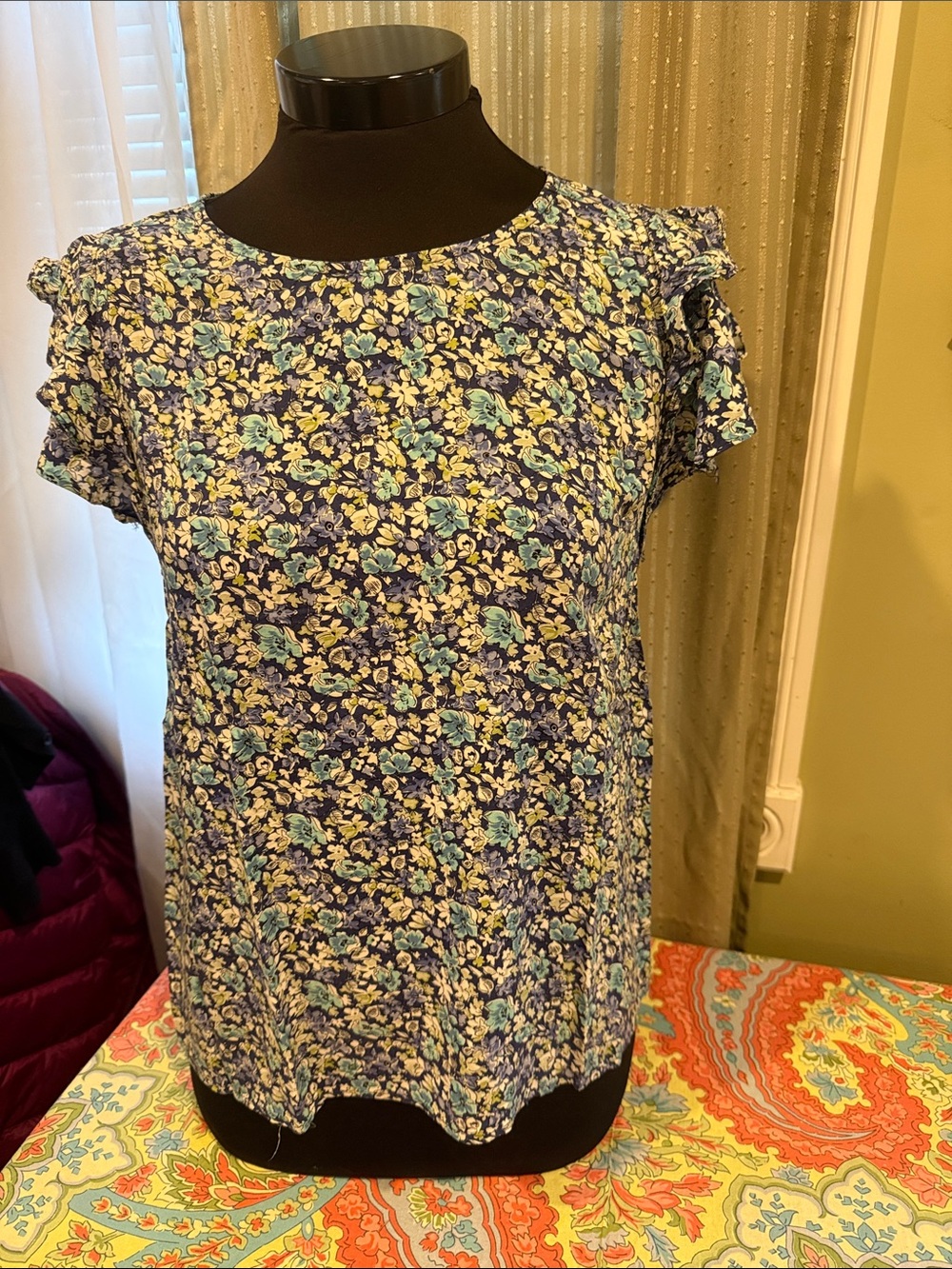 Cynthia Rowley Navy Floral Short-Sleeve Blouse
